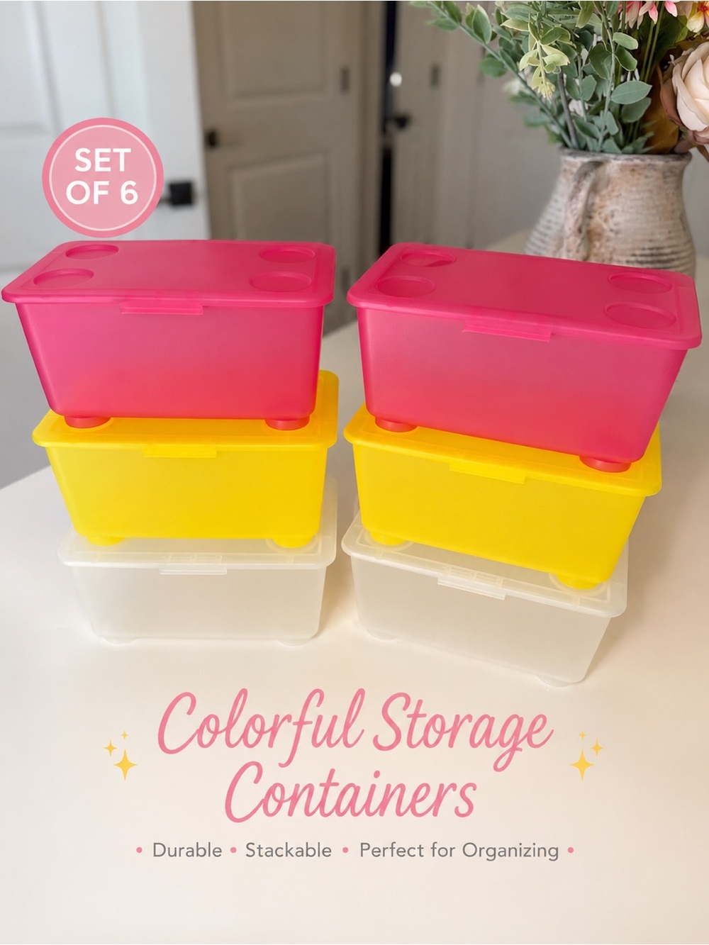 IKEA GLIS Boxes with Lids pink/yellow/white translucent set of 6